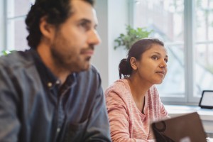 Two young veterans in a classroom