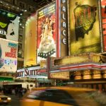 Theater marquee lit at night