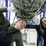 Female mechanics or engineers examining aircraft engine